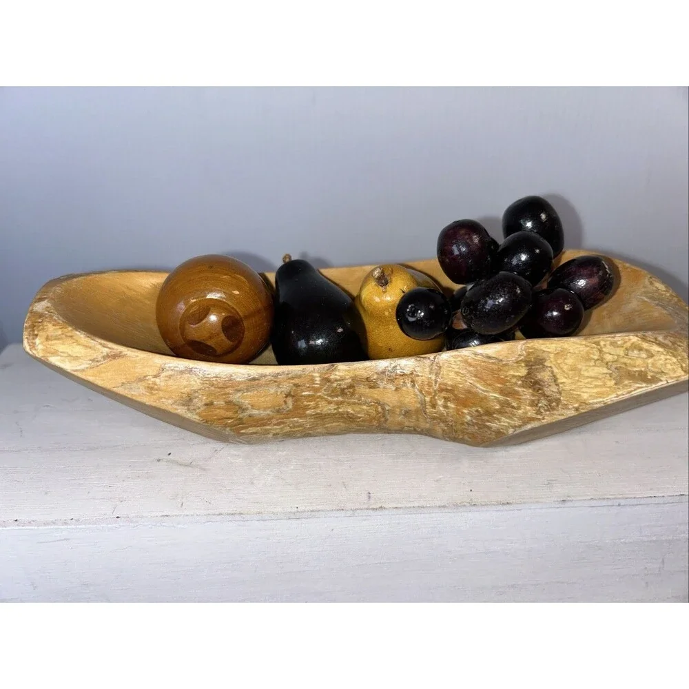 Vtg Retro MCM Carved Bowl Wooden Vegetable Fruit 5 Pc Set Fall Cottage Country